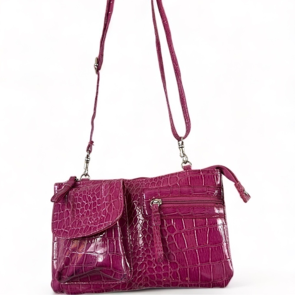 NWOT Plum Pink Vegan Leather Croc Embossed Shoulder Adjustable Crossbody Purse